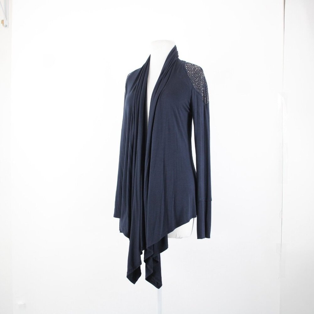S Twelve $59 Sz M Navy Blue Gunmetal Studded Shoulders Collared Rayon Wrap - Picture 14 of 16